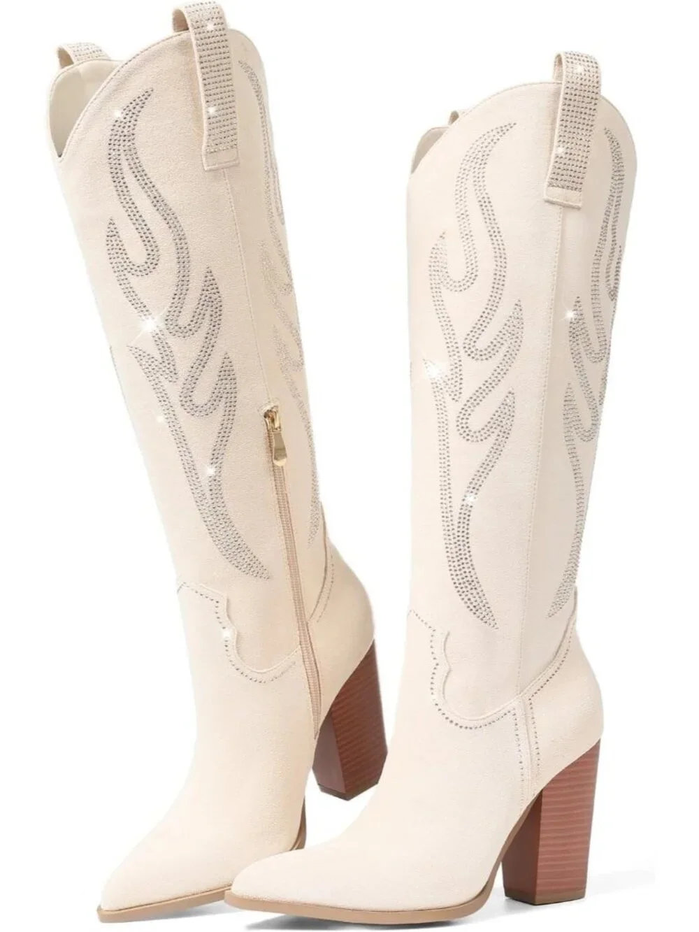Women's Beige Embroidered Rhinestone Wide Calf Side Zipper Western Cowgirl Boots
